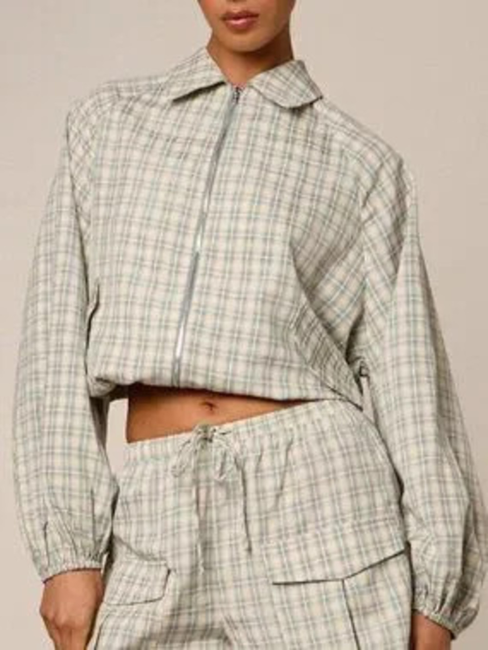 Multicolor Casual Women's Plaid Collar Full Zip Balloon Sleeves Bomber Jacket